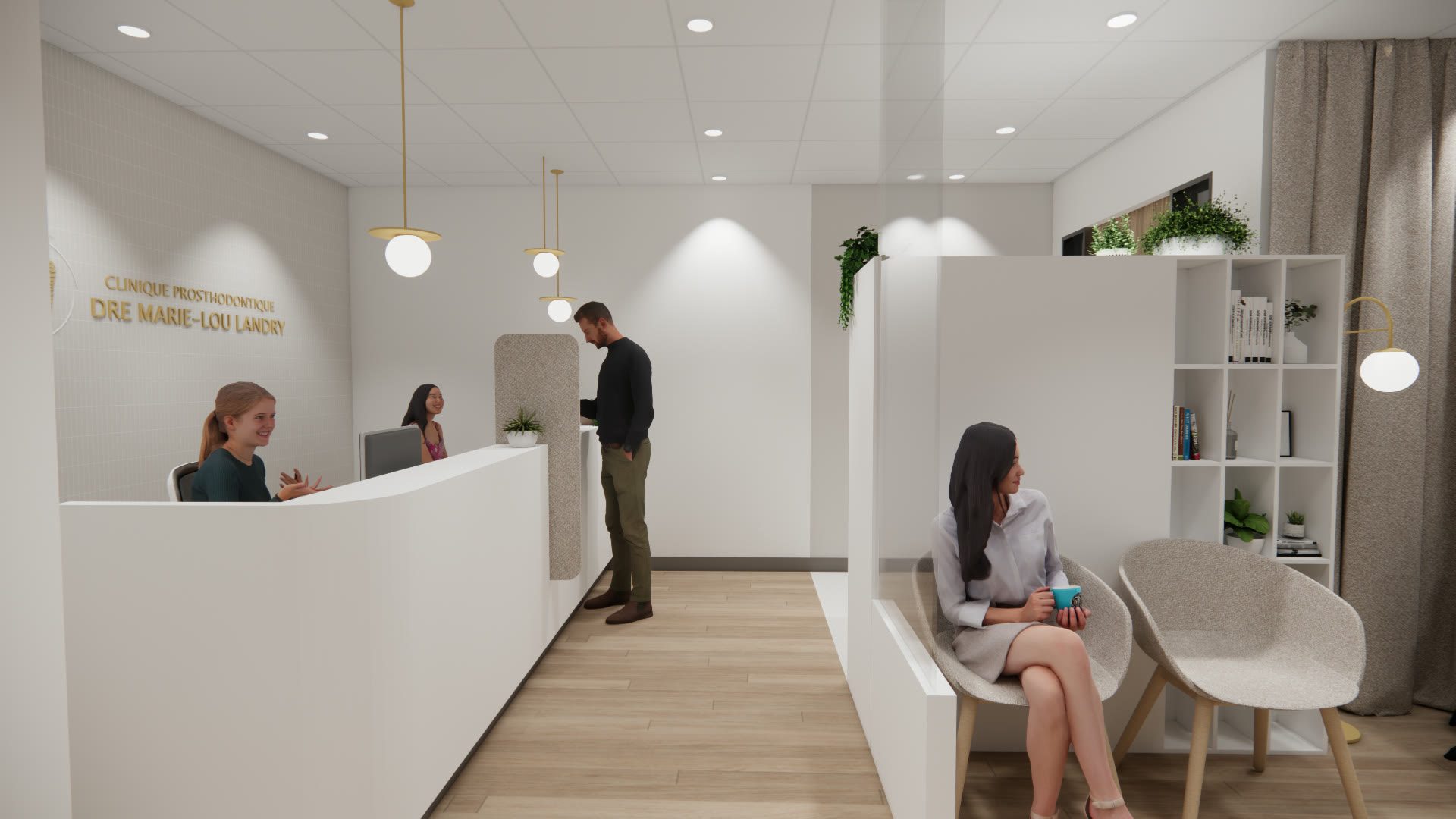 Rendu 3D du poste de paiement de la clinique de prosthodontie à Lebourgneuf, Québec